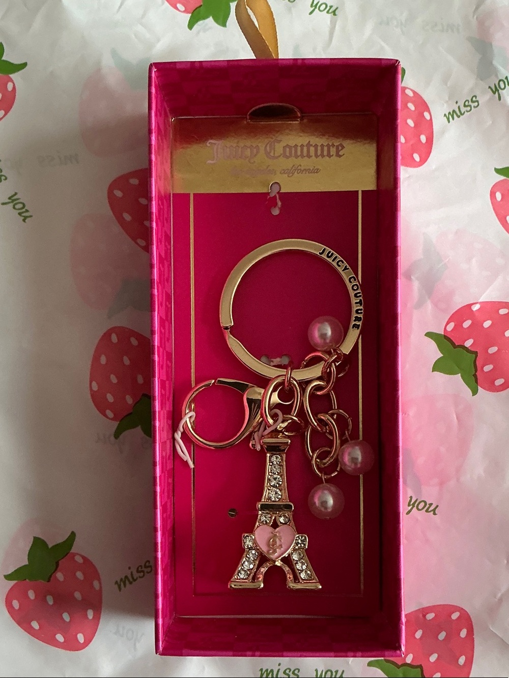 Juicy Couture Hot Pink Eiffel Tower Key & Card Holder Charm with Gold Hardware